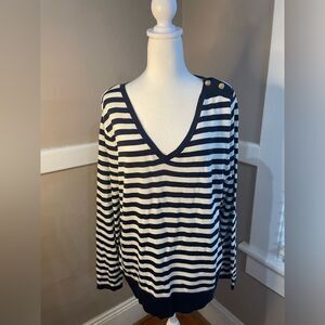 Peck & Peck Navy and white striped nautical sweater w gold accent buttons 1X